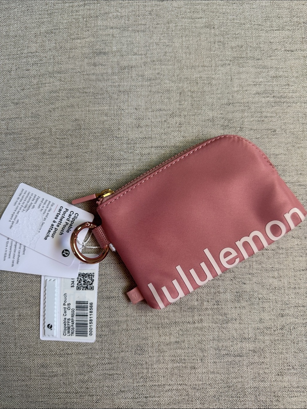 lululemon Clippable Card Pouch Rose Gold Pink Zip Key Pouch Wallet with Ring